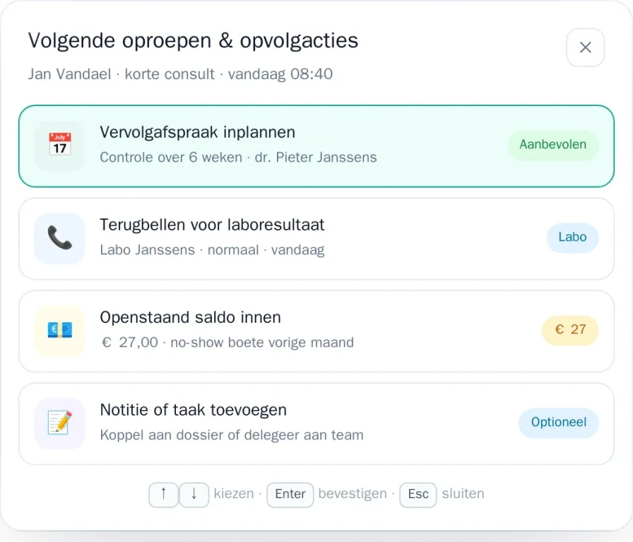 Popup Volgende oproepen en opvolgacties na een consult