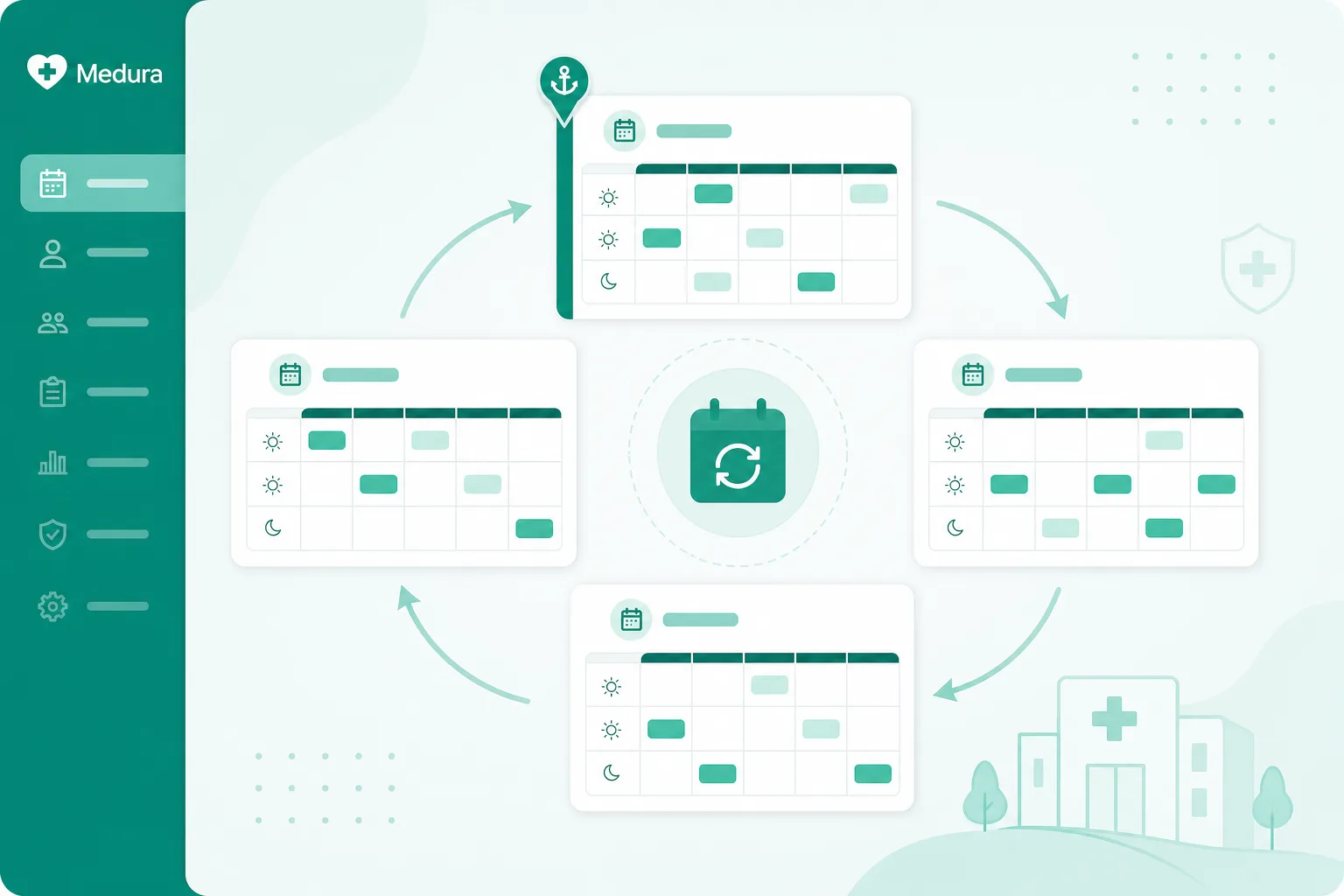 Illustratie van een roterend weekschema met vier weekpatronen in een cyclus